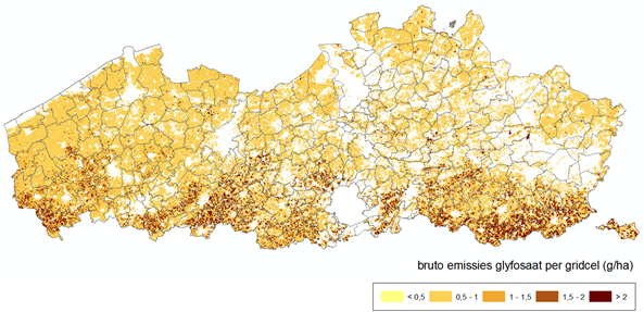 Bruto emissie van glyfosaat in de landbouw naar oppervlaktewater (Vlaanderen, 2007-2009)